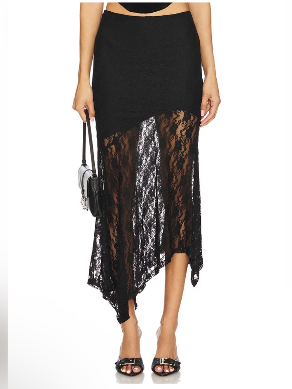 More To Come Ronah Maxi Skirt Black Lace Asymmetric Midi Revolve M